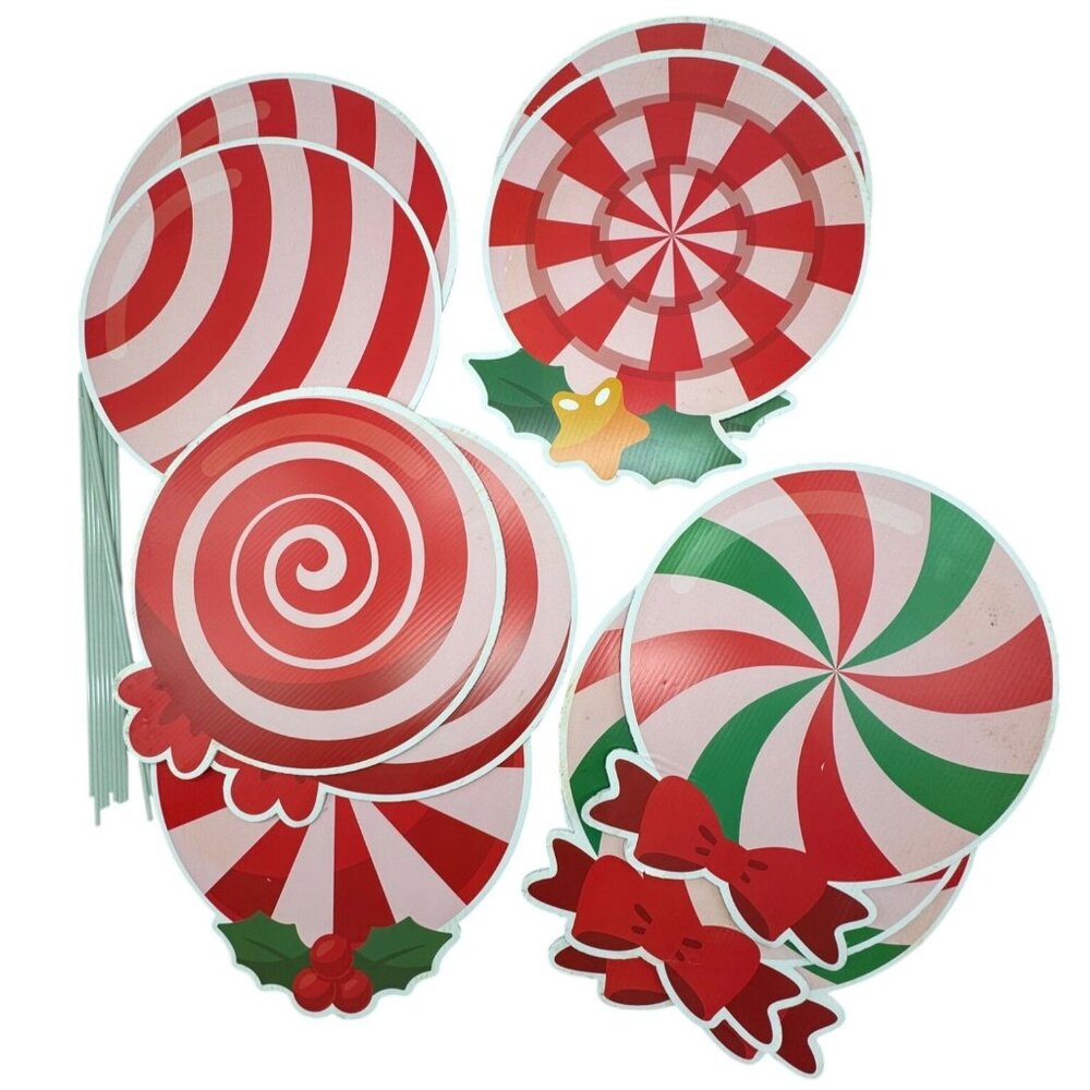 Set Of 10 Christmas Peppermint Candy Yard Signs With Stakes - Outdoor READ
